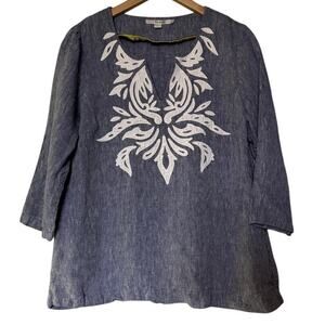 Boden Women's Size 12 Tunic Blouse Linen V-Neck Appliques 3/4 Sleeve Tops